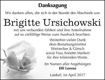 Traueranzeige von Brigitte Ursichowski von Mitteldeutsche Zeitung Bernburg