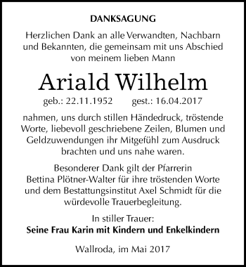 Traueranzeige von Ariald Wilhelm von Mitteldeutsche Zeitung Naumburg/Nebra
