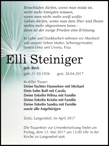 Traueranzeige von Elli Steiniger von Super Sonntag Zeitz
