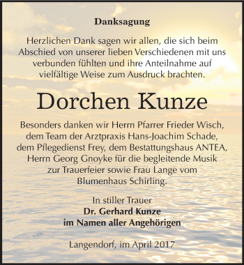 Traueranzeige von Dorchen Kunze von Mitteldeutsche Zeitung Weißenfels
