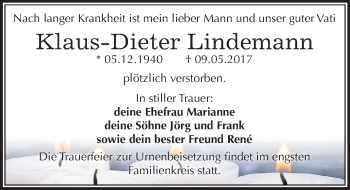 Traueranzeige von Klaus-Dieter Lindemann von Mitteldeutsche Zeitung Mansfelder Land