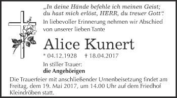 Traueranzeige von Alice Kunert von WVG - Wochenspiegel Wittenberg