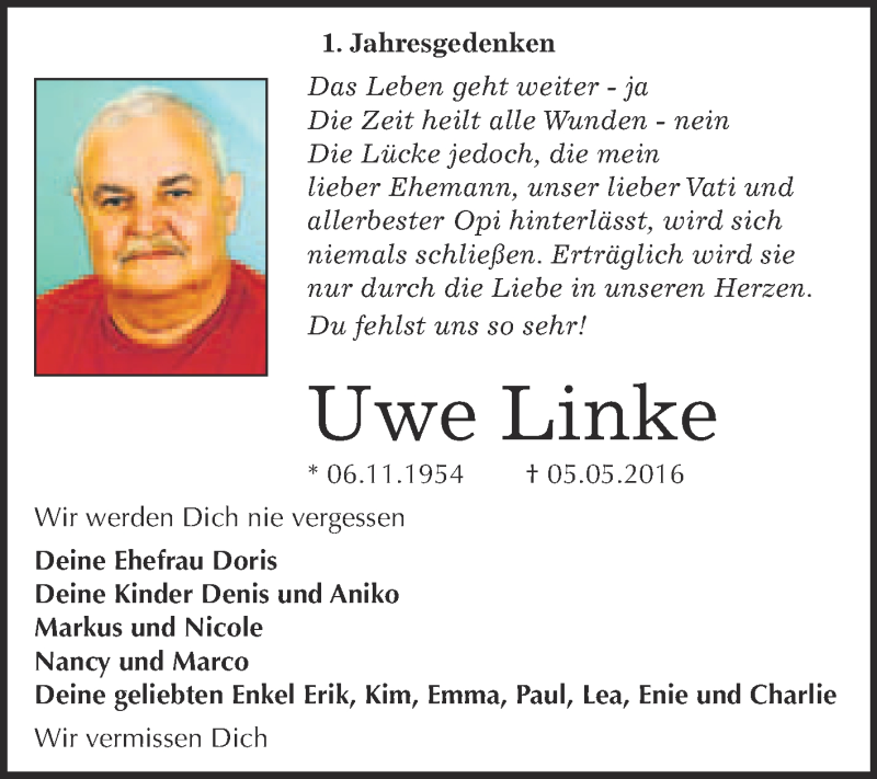  Traueranzeige für Uwe Linke vom 10.05.2017 aus WVG - Wochenspiegel Bitterfeld
