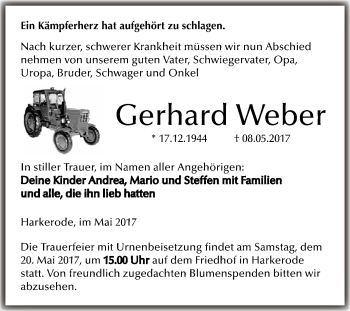Traueranzeige von Gerhard Weber von Super Sonntag SGH Mansf. Land