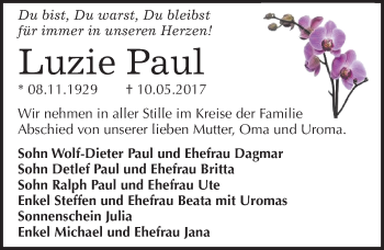 Traueranzeige von Luzie Paul von Mitteldeutsche Zeitung Halle/Saalkreis