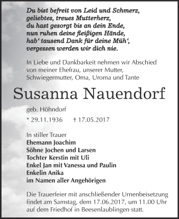 Traueranzeige von Susanna Nauendorf von Super Sonntag Bernburg