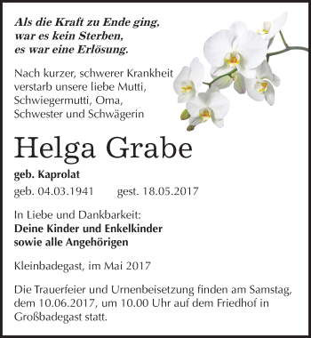 Traueranzeige von Helga Grabe von Mitteldeutsche Zeitung Köthen