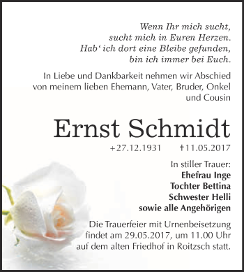 Traueranzeige von Ernst Schmidt von WVG - Wochenspiegel Bitterfeld
