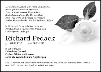 Traueranzeige von Richard Pedack von Mitteldeutsche Zeitung Quedlinburg
