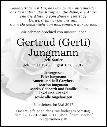 Traueranzeige von Gertrud Jungmann von Mitteldeutsche Zeitung Sangerhausen