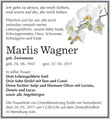 Traueranzeige von Marlis Wagner von Mitteldeutsche Zeitung Merseburg/Querfurt