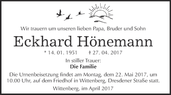 Traueranzeige von Eckhard Hönemann von Super Sonntag Wittenberg