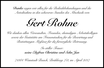 Traueranzeige von Gert Rohne von Mitteldeutsche Zeitung Sangerhausen