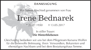 Traueranzeige von Irene Bednarek von WVG - Wochenspiegel Bitterfeld