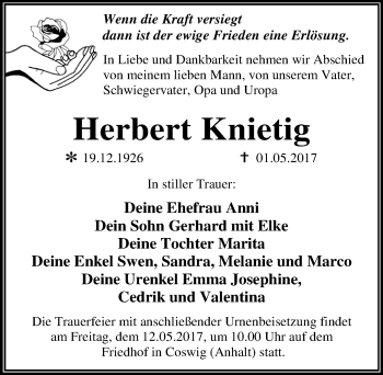 Traueranzeige von Herbert Knietig von Mitteldeutsche Zeitung Wittenberg