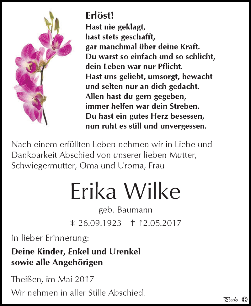  Traueranzeige für Erika Wilke vom 20.05.2017 aus Super Sonntag Zeitz