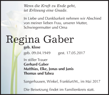 Traueranzeige von Regina Gaber von Mitteldeutsche Zeitung Sangerhausen
