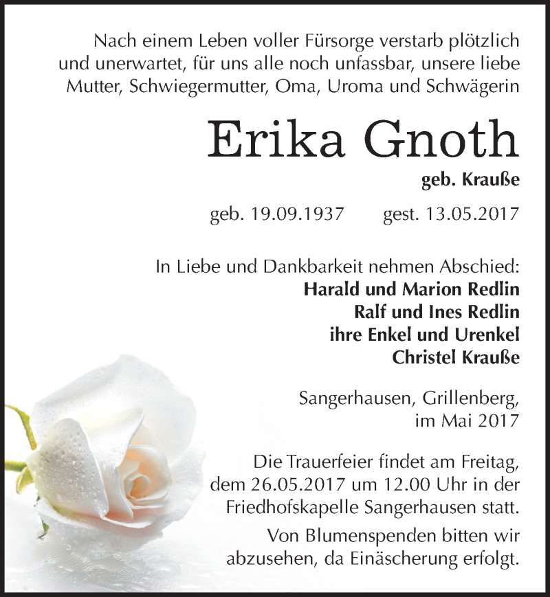  Traueranzeige für Erika Gnoth vom 20.05.2017 aus Mitteldeutsche Zeitung Sangerhausen