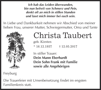 Traueranzeige von Christa Taubert von WVG - Wochenspiegel NMB / WSF / ZTZ