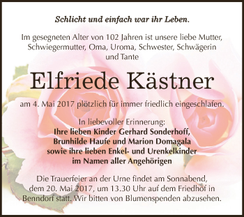 Traueranzeige von Elfriede Kästner von Super Sonntag SGH Mansf. Land