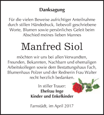 Traueranzeige von Manfred Siol von WVG - Wochenspiegel Merseburg