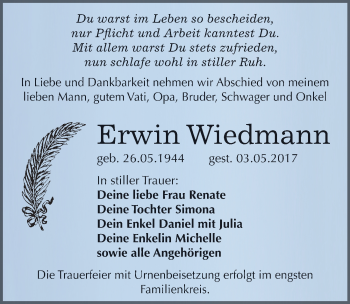 Traueranzeige von Erwin Wiedmann von Mitteldeutsche Zeitung Bitterfeld