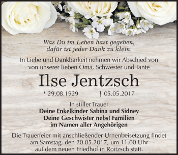 Traueranzeige von Ilse Jentzsch von Mitteldeutsche Zeitung Bitterfeld