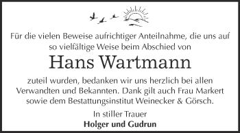 Traueranzeige von Hans Wartmann von Super Sonntag Bernburg