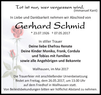 Traueranzeige von Gerhard Schmid von Super Sonntag SGH Mansf. Land