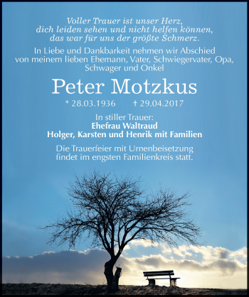 Traueranzeige von Peter Motzkus von Mitteldeutsche Zeitung Bitterfeld