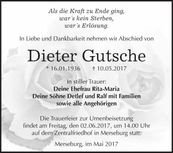 Traueranzeige von Dieter Gutsche von WVG - Wochenspiegel Merseburg