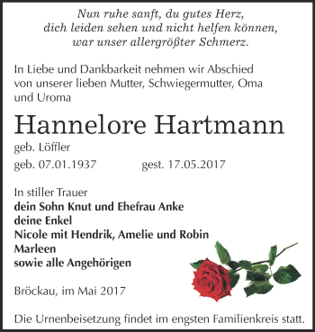 Traueranzeige von Hannelore Hartmann von Super Sonntag Zeitz