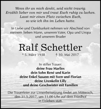 Traueranzeige von Ralf Schettler von Mitteldeutsche Zeitung Mansfelder Land