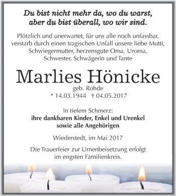 Traueranzeige von Marlies Hönicke von Super Sonntag SGH Mansf. Land