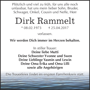 Traueranzeige von Dirk Rammelt von WVG - Wochenspiegel NMB / WSF / ZTZ