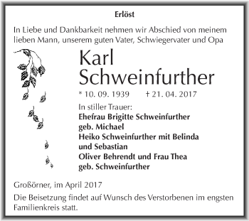 Traueranzeige von Karl Schweinfurther von Wochenspiegel Mansfelder Land