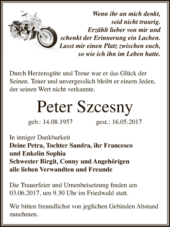 Traueranzeige von Peter Szcesny von WVG - Wochenspiegel Dessau / Köthen