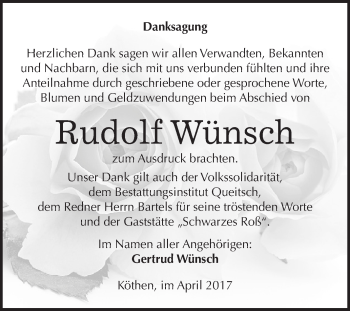 Traueranzeige von Rudolf Wünsch von WVG - Wochenspiegel Dessau / Köthen