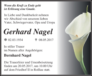 Traueranzeige von Gerhard Nagel von WVG - Wochenspiegel Dessau / Köthen