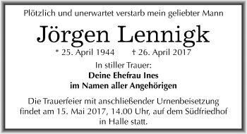 Traueranzeige von Jörgen Lennigk von Mitteldeutsche Zeitung Halle/Saalkreis