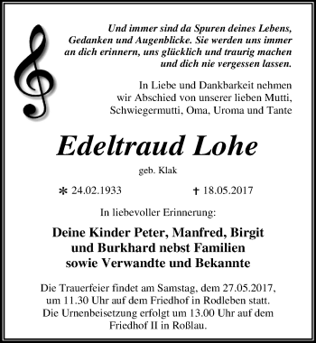 Traueranzeige von Edeltraud Lohe von Mitteldeutsche Zeitung Dessau-Roßlau