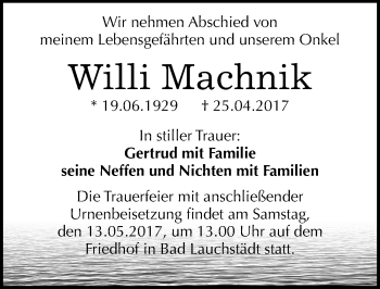 Traueranzeige von Willi Machnik von Mitteldeutsche Zeitung Merseburg/Querfurt