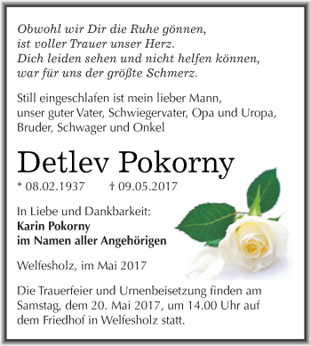 Traueranzeige von Detlef Pokorny von Wochenspiegel Mansfelder Land