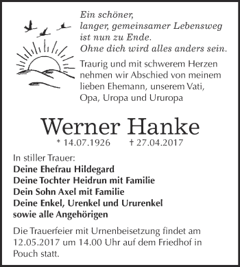 Traueranzeige von Werner Hanke von WVG - Wochenspiegel Bitterfeld