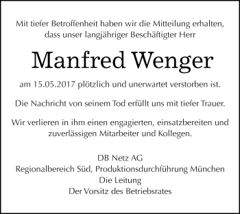 Traueranzeige von Manfred Wenger von WVG - Wochenspiegel Halle