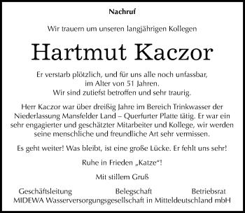 Traueranzeige von Hartmut Kaczor von Mitteldeutsche Zeitung Mansfelder Land