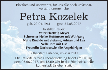 Traueranzeige von Petra Kozelek von Mitteldeutsche Zeitung Mansfelder Land