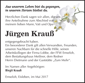 Traueranzeige von Jürgen Krauß von Mitteldeutsche Zeitung Sangerhausen