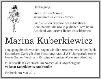 Traueranzeige von Marina Kuberkiewicz von Wochenspiegel Mansfelder Land