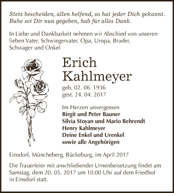 Traueranzeige von Erich Kahlmeyer von Super Sonntag SGH Mansf. Land